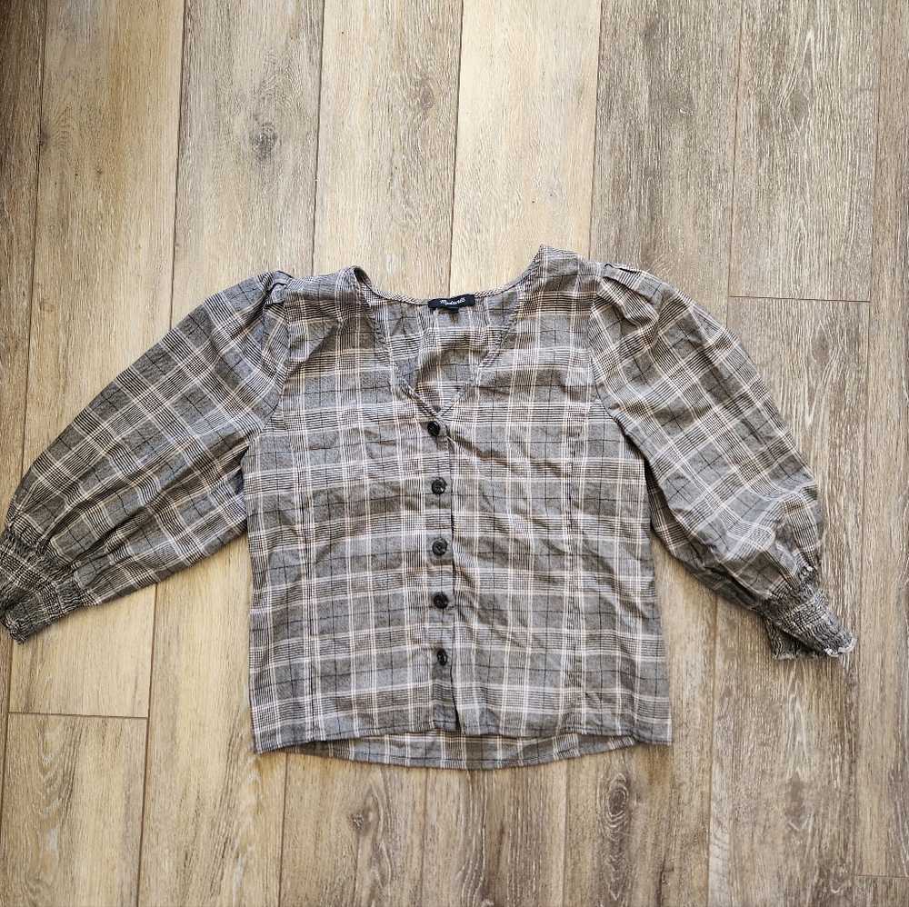 Madewell Gray Plaid Puff Sleeve Button Down 100% Cotton Blouse